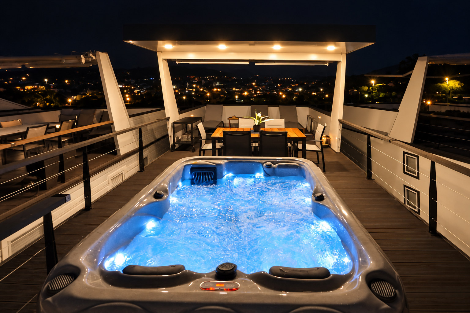 Osvetljen jacuzzi na terasi hiške Maui ponoči